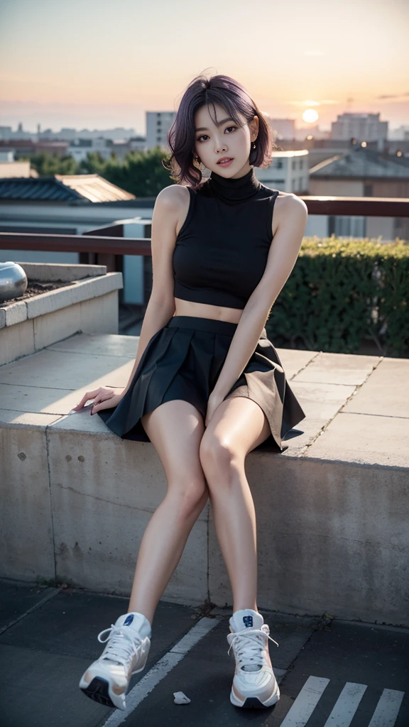 masterpiece, Ultra-high resolution, 4K, Best Quality, 1 person, ((whole body)), Beautiful and exquisite face, Beautiful, smooth skin, Skin Texture, 1, , A photogenic rooftop, Sunset,sneakers, mini skirt, turtleneck, Purple Hair, Lob Cut, Curly Hair