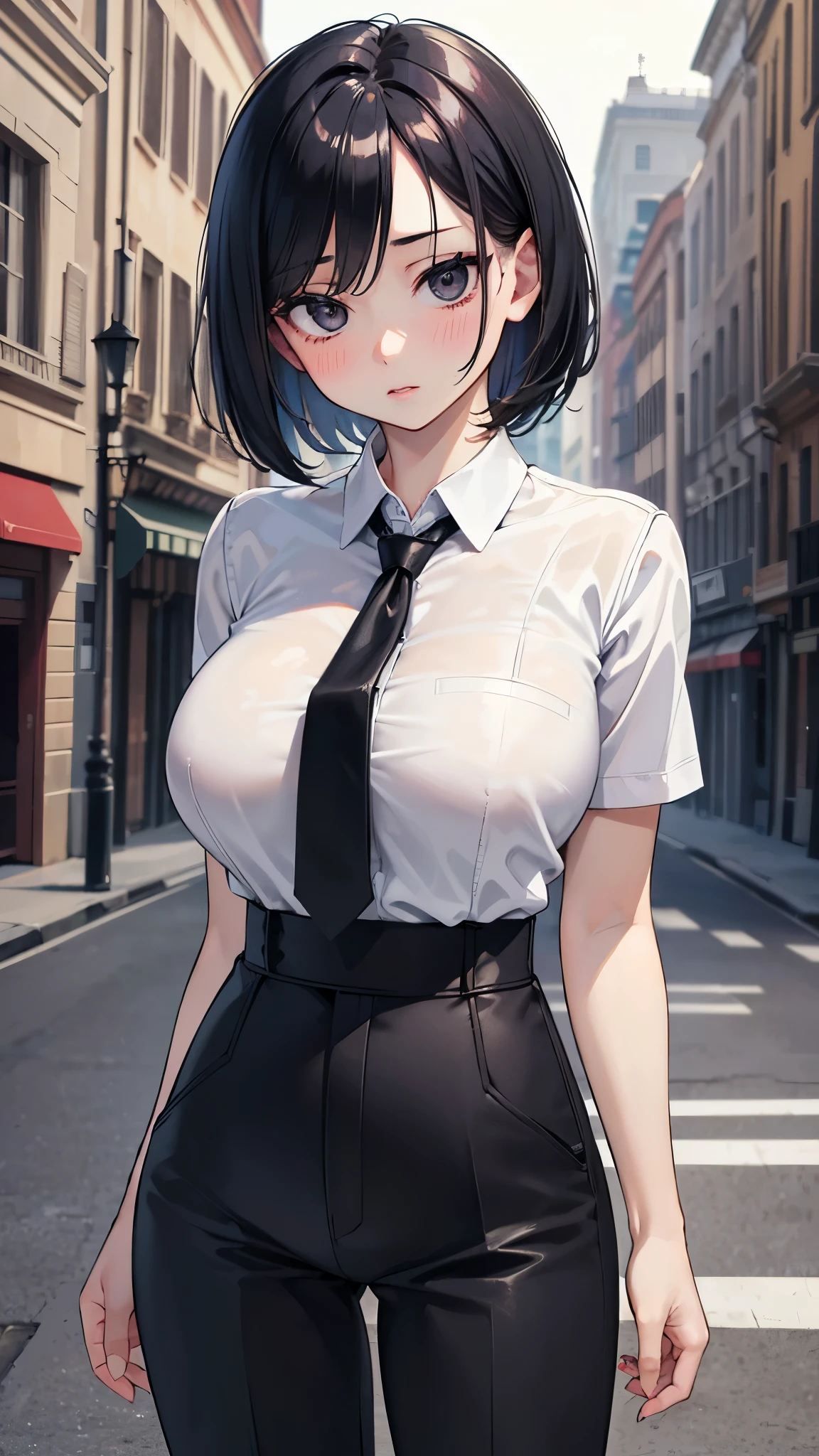 (masterpiece, 最high quality, 超High resolution, Very detailed), (Realistic:1.1, photoRealistic:1.4), Perfect illustration, Perfect lighting,Perfectly detailed hair, Perfect and exquisite face, Perfect collarbone, Perfect body,Juicy breasts, Perfect Thighs, Beautiful legs, View your audience, 1 person,Perfect Face, (Perfect Anatomy, Anatomically correct), Symmetrical face、((Shiny Hair)),Sexy Body、(masterpiece),(最high quality：1.3),8k,Very clear,(Ultra-realistic),Captivating woman,(high quality, High resolution, The finer details), Realisticなスタイルの女性,Juicy breasts、Perfect Woman、Perfect Face、Symmetrical face、Baby Face、((Big breasts))、blush、((Juicy lips))、Cowboy Shot、(((Short black hair)))、((Large, double-set black eyes、Long eyelashes))、(Red Makeup)、(((A fitted collared shirt)))、(((Tight fitting black leggings)))、(Healthy and well-developed body)、((Big tits jk))、(Outdoor、On the road)
