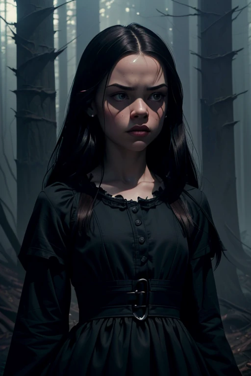 a serious indifferent looking Jenna Ortega as Wednesday Adams, dark gothic style, porcelain skin, long dark hair, piercing eyes, black dress, standing in a dark moody forest, cinematic lighting, dramatic shadows, muted color palette, (best quality,4k,8k,highres,masterpiece:1.2),ultra-detailed,(realistic,photorealistic,photo-realistic:1.37)