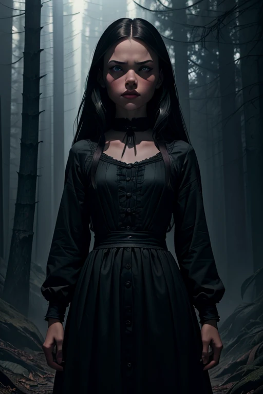 a serious indifferent looking Jenna Ortega as Wednesday Adams, dark gothic style, porcelain skin, long dark hair, piercing eyes, black dress, standing in a dark moody forest, cinematic lighting, dramatic shadows, muted color palette, (best quality,4k,8k,highres,masterpiece:1.2),ultra-detailed,(realistic,photorealistic,photo-realistic:1.37)