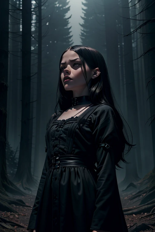 a serious indifferent looking Jenna Ortega as Wednesday Adams, dark gothic style, porcelain skin, long dark hair, piercing eyes, black dress, standing in a dark moody forest, cinematic lighting, dramatic shadows, muted color palette, (best quality,4k,8k,highres,masterpiece:1.2),ultra-detailed,(realistic,photorealistic,photo-realistic:1.37)