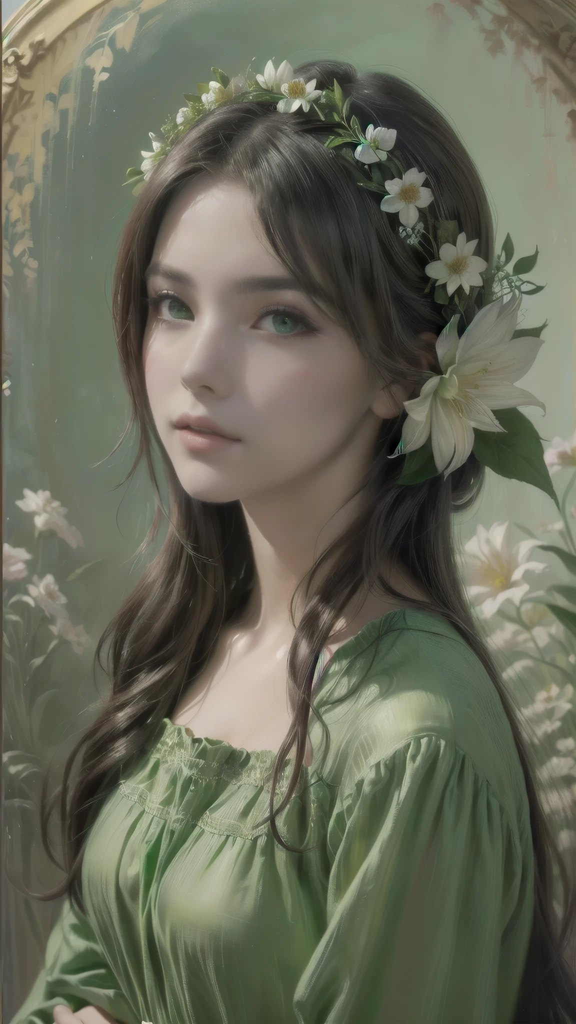 painting of a woman in a green dress with a flower in her hair, beautiful character painting, beautiful maiden, beautiful fantasy art portrait, In Bowater&#39;s art style, artwork in the style of guweiz, Obra-prima de guweiz, beautiful fantasy portrait, beautiful maiden de fantasia, Loish e Wlop, romantic art style, fantasy art portrait, PERSEPHONE