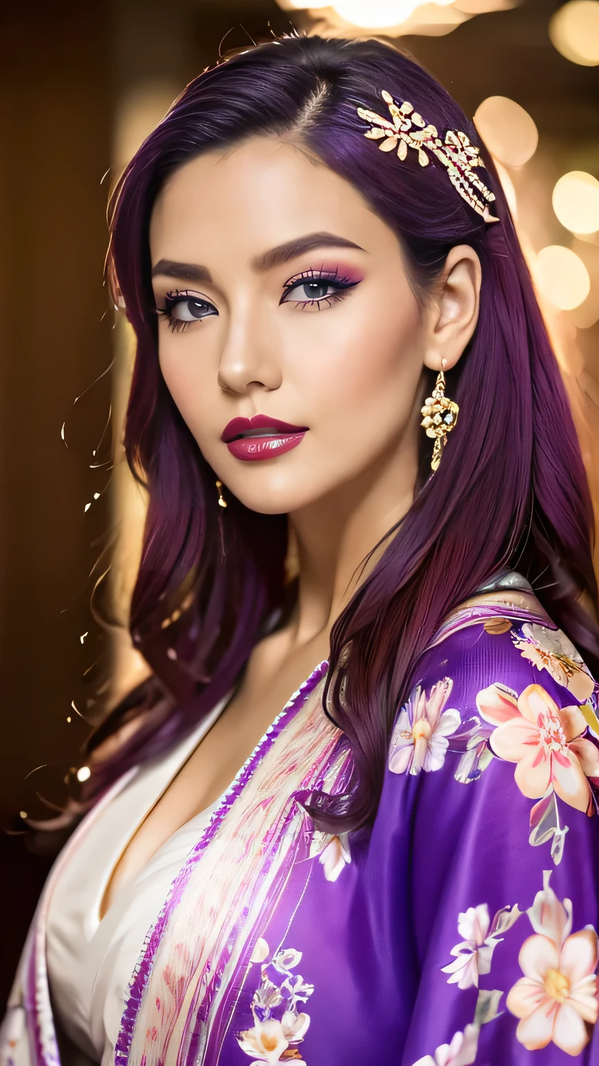 Realistic, Highest quality, 8k, woman, 20-year-old, Sakura pattern kimono, Large Bust, Long Hair, Ultra-detailed skin textures, Soft Lighting, Fairy, Bokeh, purple Lipstick, Sensual Lipstick, Sensational Make up 