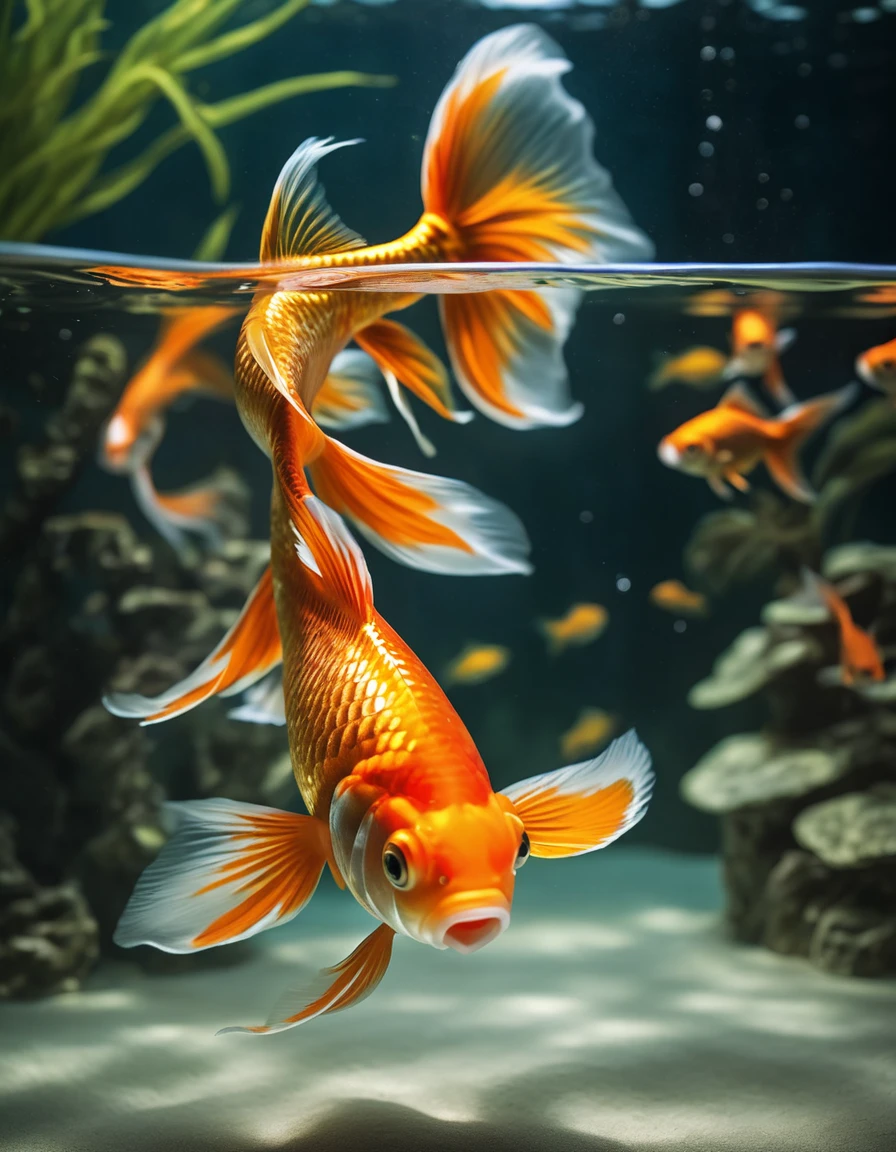 Within a lavish aquarium, a majestic goldfish swims majestically against a backdrop of swirling ripples and delicate glass walls. Studio lighting illuminates its shimmering scales with precise definition, while ultra-fine painting techniques capture the intricate texture of its fins. Sharp focus renders every detail, from the subtle curvature of its body to the bright, inquisitive gaze that seems to pierce through the water. Physically-based rendering imbues the scene with depth and dimensionality, as the goldfish navigates a mystical realm of fantasy, where vibrant colors dance across the studio's carefully crafted underwater landscape., ImgFixerPre0.3