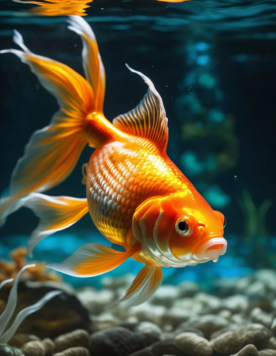 Within a lavish aquarium, a majestic goldfish swims majestically against a backdrop of swirling ripples and delicate glass walls. Studio lighting illuminates its shimmering scales with precise definition, while ultra-fine painting techniques capture the intricate texture of its fins. Sharp focus renders every detail, from the subtle curvature of its body to the bright, inquisitive gaze that seems to pierce through the water. Physically-based rendering imbues the scene with depth and dimensionality, as the goldfish navigates a mystical realm of fantasy, where vibrant colors dance across the studio's carefully crafted underwater landscape., ImgFixerPre0.3