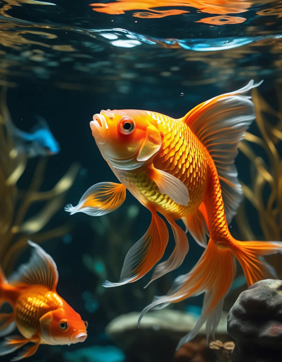 Within a lavish aquarium, a majestic goldfish swims majestically against a backdrop of swirling ripples and delicate glass walls. Studio lighting illuminates its shimmering scales with precise definition, while ultra-fine painting techniques capture the intricate texture of its fins. Sharp focus renders every detail, from the subtle curvature of its body to the bright, inquisitive gaze that seems to pierce through the water. Physically-based rendering imbues the scene with depth and dimensionality, as the goldfish navigates a mystical realm of fantasy, where vibrant colors dance across the studio's carefully crafted underwater landscape., ImgFixerPre0.3