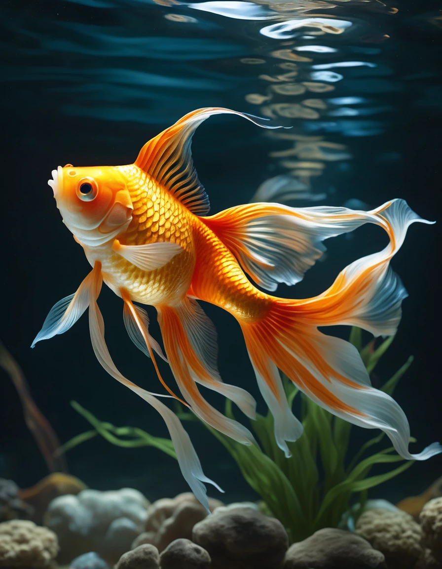 Within a lavish aquarium, a majestic goldfish swims majestically against a backdrop of swirling ripples and delicate glass walls. Studio lighting illuminates its shimmering scales with precise definition, while ultra-fine painting techniques capture the intricate texture of its fins. Sharp focus renders every detail, from the subtle curvature of its body to the bright, inquisitive gaze that seems to pierce through the water. Physically-based rendering imbues the scene with depth and dimensionality, as the goldfish navigates a mystical realm of fantasy, where vibrant colors dance across the studio's carefully crafted underwater landscape., ImgFixerPre0.3