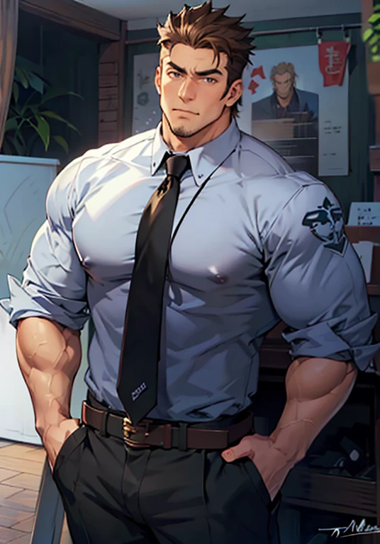 4k, masterpiece, high resolution:1.2, 1 man, solo, bara, muscular, big physique, crew cut hair, facial hair, chest, wide shoulder, biceps, thighs, triceps, butt, black hair, cute smile, friendly, standing in an office, wearing formal trousers, wearing formal stripes pattern office shirt, wearing glasses, upstairs office in the background, ultra detailed, shredded muscle, flat style (((wearing harness))) (((view from the side, thick huge ass))) and grabbing it.