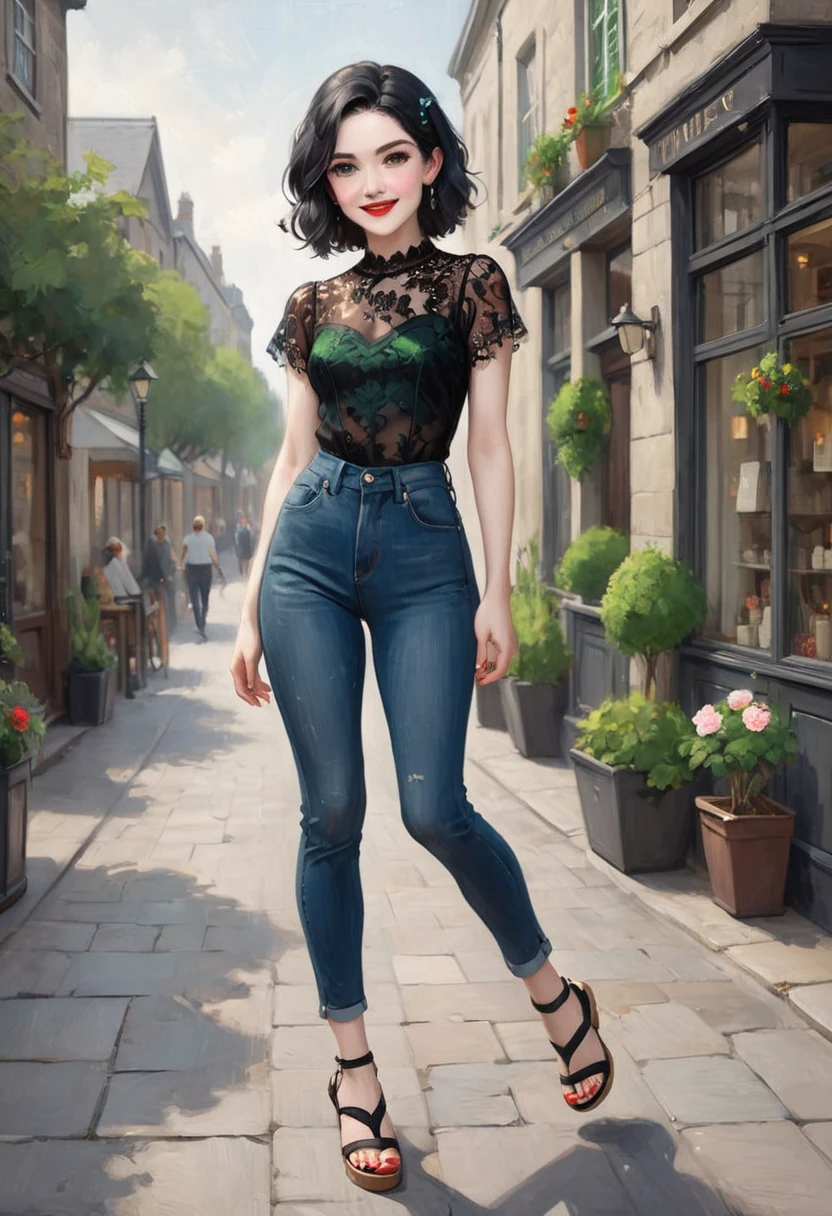 (full body:1.4).  Beautiful 24 yo woman of Irish descent. athletic figure,(pale:1.4)complexion. raven black hair, green eyes, cute butt, nice legs. Kind eyes,(joy:1.3),(smile:1.2). Red lipstick, sheer lace top, skinny jeans, sandals. Flirty.