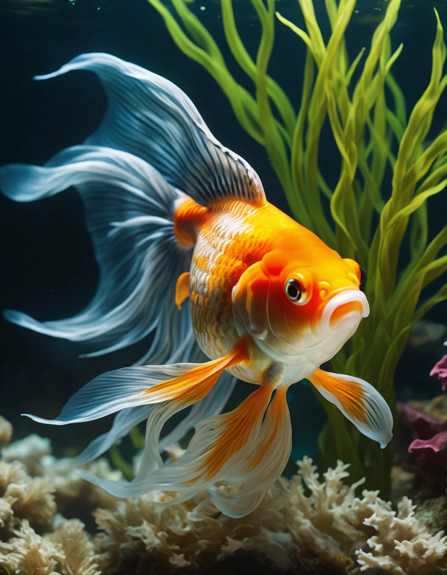 In a stunning, high-definition masterpiece, a majestic goldfish swims serenely within an intricately painted, ornate aquarium. Studio lighting casts a warm glow on the delicate scales, showcasing its iridescent sheen. Ultra-fine brushstrokes bring to life the wispy fins and whiskers. Sharp focus highlights the fish's piercing gaze, while physically-based rendering simulates realistic water ripples and reflections. Fantastical seaweed undulates in the currents, framing the aquatic beauty within a vibrant, underwater world, ImgFixerPre0.3