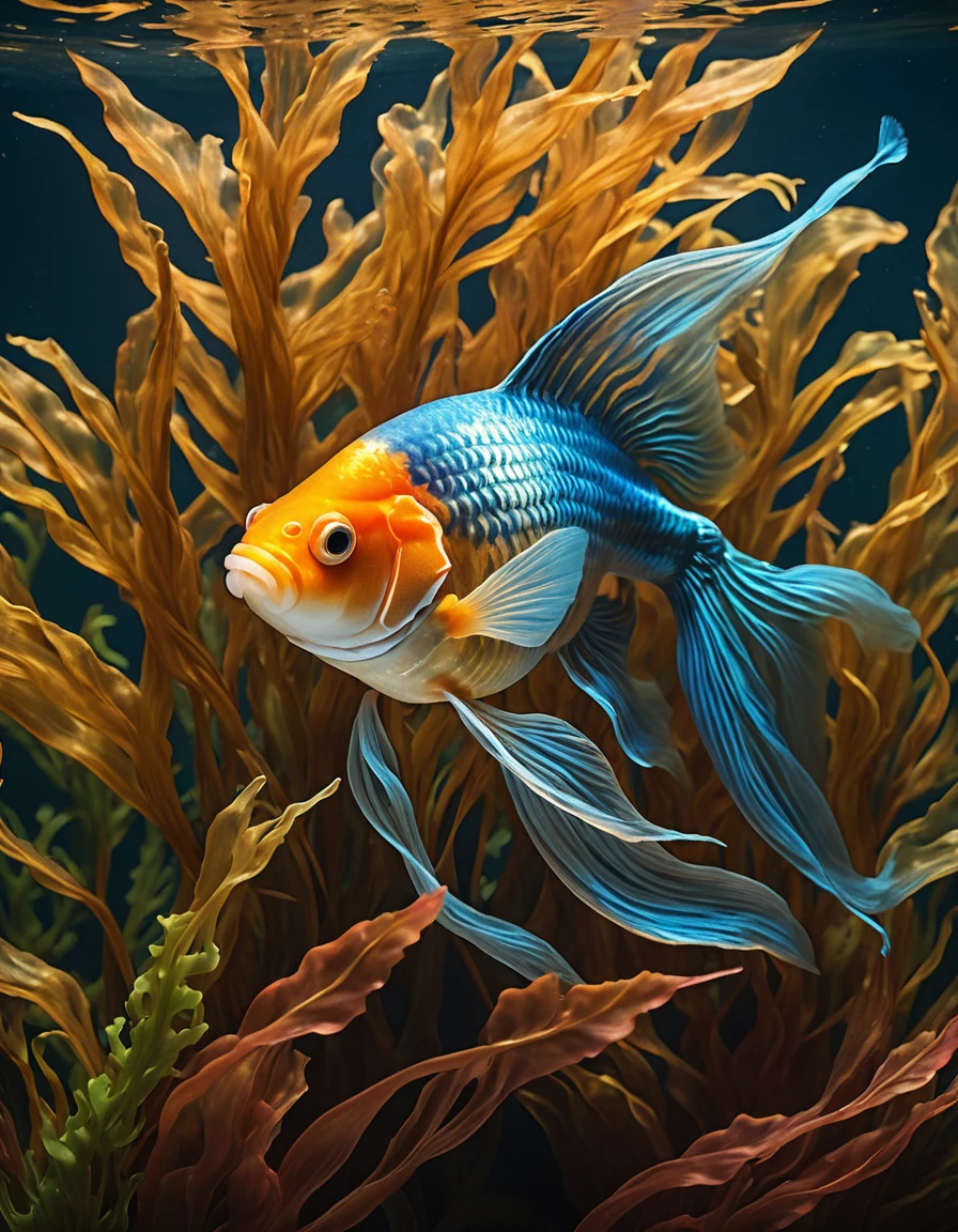 In a stunning, high-definition masterpiece, a majestic goldfish swims serenely within an intricately painted, ornate aquarium. Studio lighting casts a warm glow on the delicate scales, showcasing its iridescent sheen. Ultra-fine brushstrokes bring to life the wispy fins and whiskers. Sharp focus highlights the fish's piercing gaze, while physically-based rendering simulates realistic water ripples and reflections. Fantastical seaweed undulates in the currents, framing the aquatic beauty within a vibrant, underwater world, ImgFixerPre0.3