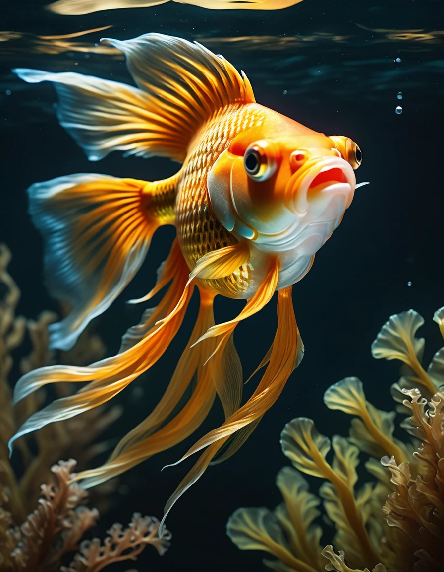 In a stunning, high-definition masterpiece, a majestic goldfish swims serenely within an intricately painted, ornate aquarium. Studio lighting casts a warm glow on the delicate scales, showcasing its iridescent sheen. Ultra-fine brushstrokes bring to life the wispy fins and whiskers. Sharp focus highlights the fish's piercing gaze, while physically-based rendering simulates realistic water ripples and reflections. Fantastical seaweed undulates in the currents, framing the aquatic beauty within a vibrant, underwater world, ImgFixerPre0.3