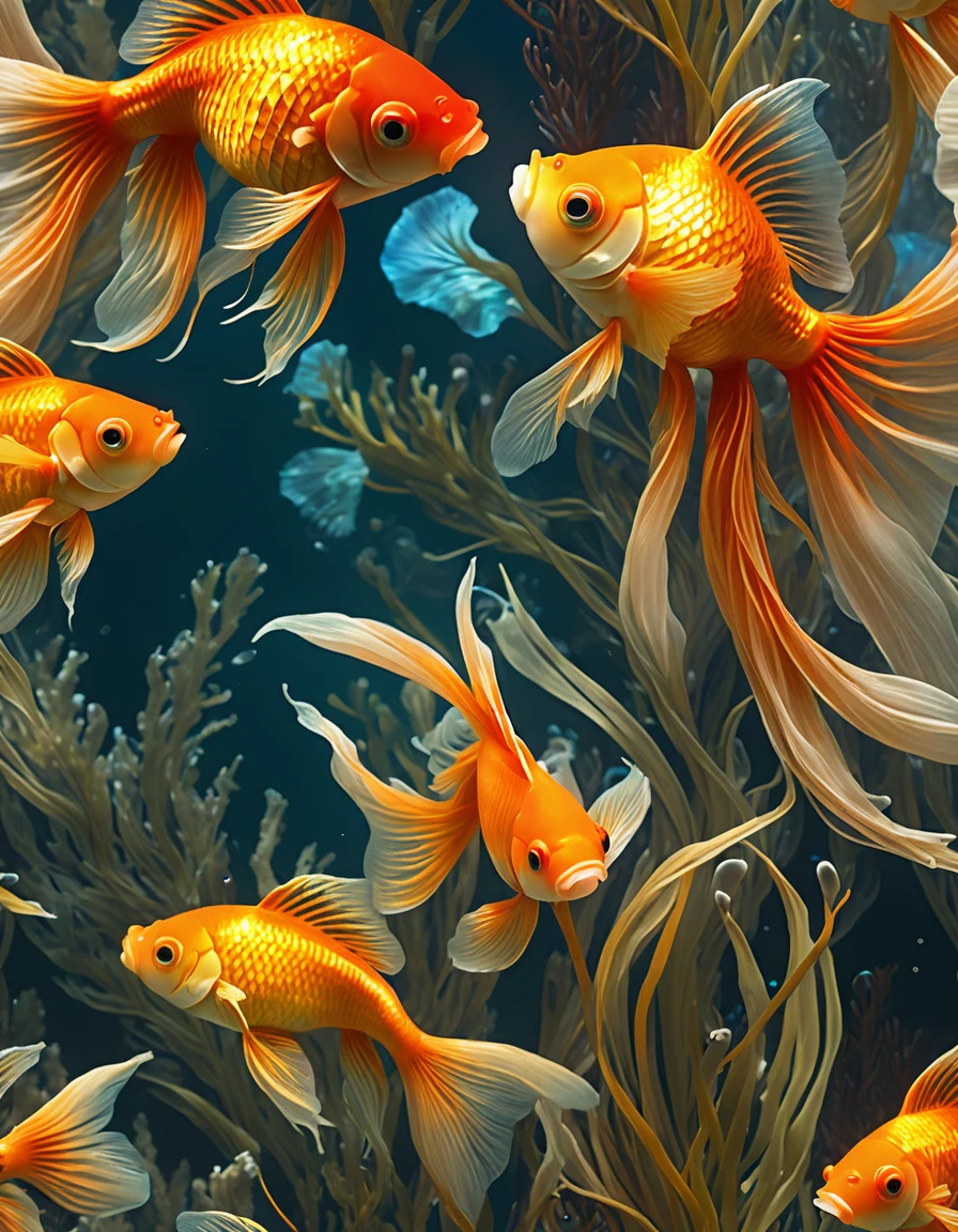 In a stunning, high-definition masterpiece, a majestic goldfish swims serenely within an intricately painted, ornate aquarium. Studio lighting casts a warm glow on the delicate scales, showcasing its iridescent sheen. Ultra-fine brushstrokes bring to life the wispy fins and whiskers. Sharp focus highlights the fish's piercing gaze, while physically-based rendering simulates realistic water ripples and reflections. Fantastical seaweed undulates in the currents, framing the aquatic beauty within a vibrant, underwater world, ImgFixerPre0.3