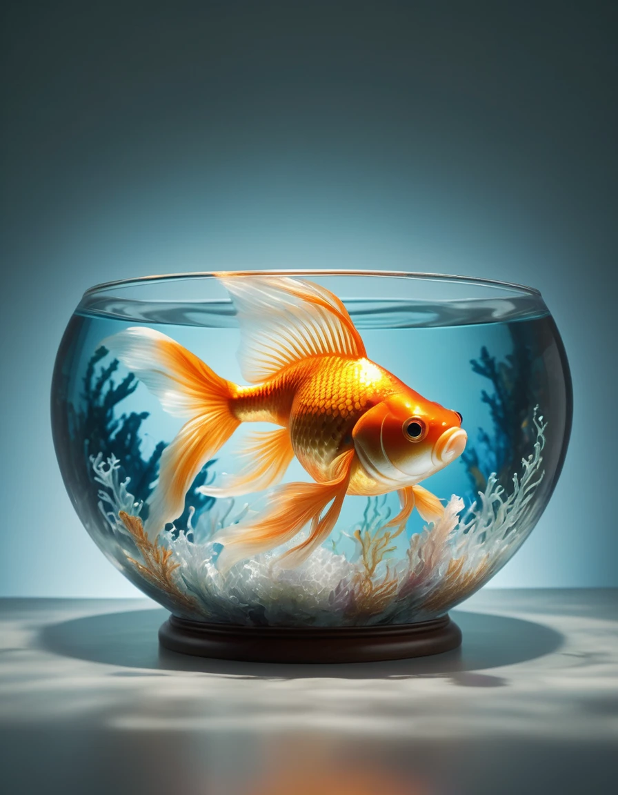 In a gleaming, ultra-modern studio setting, a majestic goldfish swims majestically in a delicate, hand-painted bowl. Softbox lighting casts an even, creamy glow on the subject's shimmering scales, as if bathed in moonlight. The camera captures every fin and whisker with razor-sharp focus, while physically-based rendering imbues the scene with depth and dimensionality. Fantasy elements like wispy seaweed tendrils and a schools of iridescent fish flit about the background, adding whimsy to this masterfully crafted, 4K/8K-resolution image, ImgFixerPre0.3