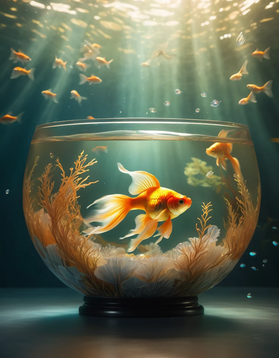 In a gleaming, ultra-modern studio setting, a majestic goldfish swims majestically in a delicate, hand-painted bowl. Softbox lighting casts an even, creamy glow on the subject's shimmering scales, as if bathed in moonlight. The camera captures every fin and whisker with razor-sharp focus, while physically-based rendering imbues the scene with depth and dimensionality. Fantasy elements like wispy seaweed tendrils and a schools of iridescent fish flit about the background, adding whimsy to this masterfully crafted, 4K/8K-resolution image, ImgFixerPre0.3