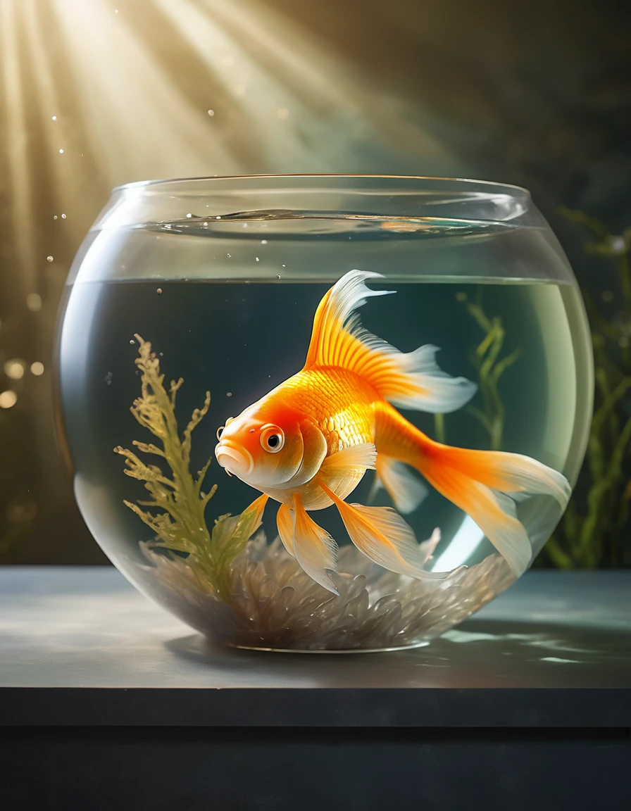 In a gleaming, ultra-modern studio setting, a majestic goldfish swims majestically in a delicate, hand-painted bowl. Softbox lighting casts an even, creamy glow on the subject's shimmering scales, as if bathed in moonlight. The camera captures every fin and whisker with razor-sharp focus, while physically-based rendering imbues the scene with depth and dimensionality. Fantasy elements like wispy seaweed tendrils and a schools of iridescent fish flit about the background, adding whimsy to this masterfully crafted, 4K/8K-resolution image, ImgFixerPre0.3