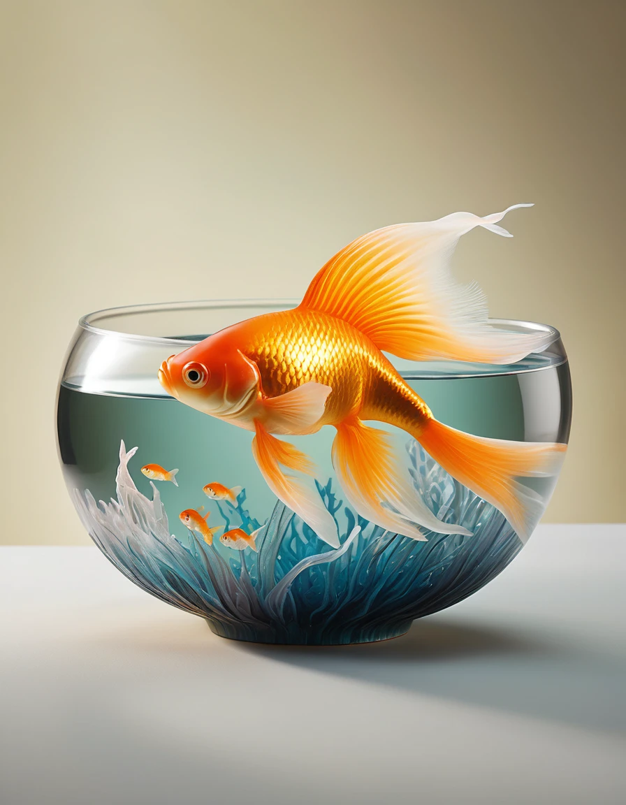 In a gleaming, ultra-modern studio setting, a majestic goldfish swims majestically in a delicate, hand-painted bowl. Softbox lighting casts an even, creamy glow on the subject's shimmering scales, as if bathed in moonlight. The camera captures every fin and whisker with razor-sharp focus, while physically-based rendering imbues the scene with depth and dimensionality. Fantasy elements like wispy seaweed tendrils and a schools of iridescent fish flit about the background, adding whimsy to this masterfully crafted, 4K/8K-resolution image, ImgFixerPre0.3