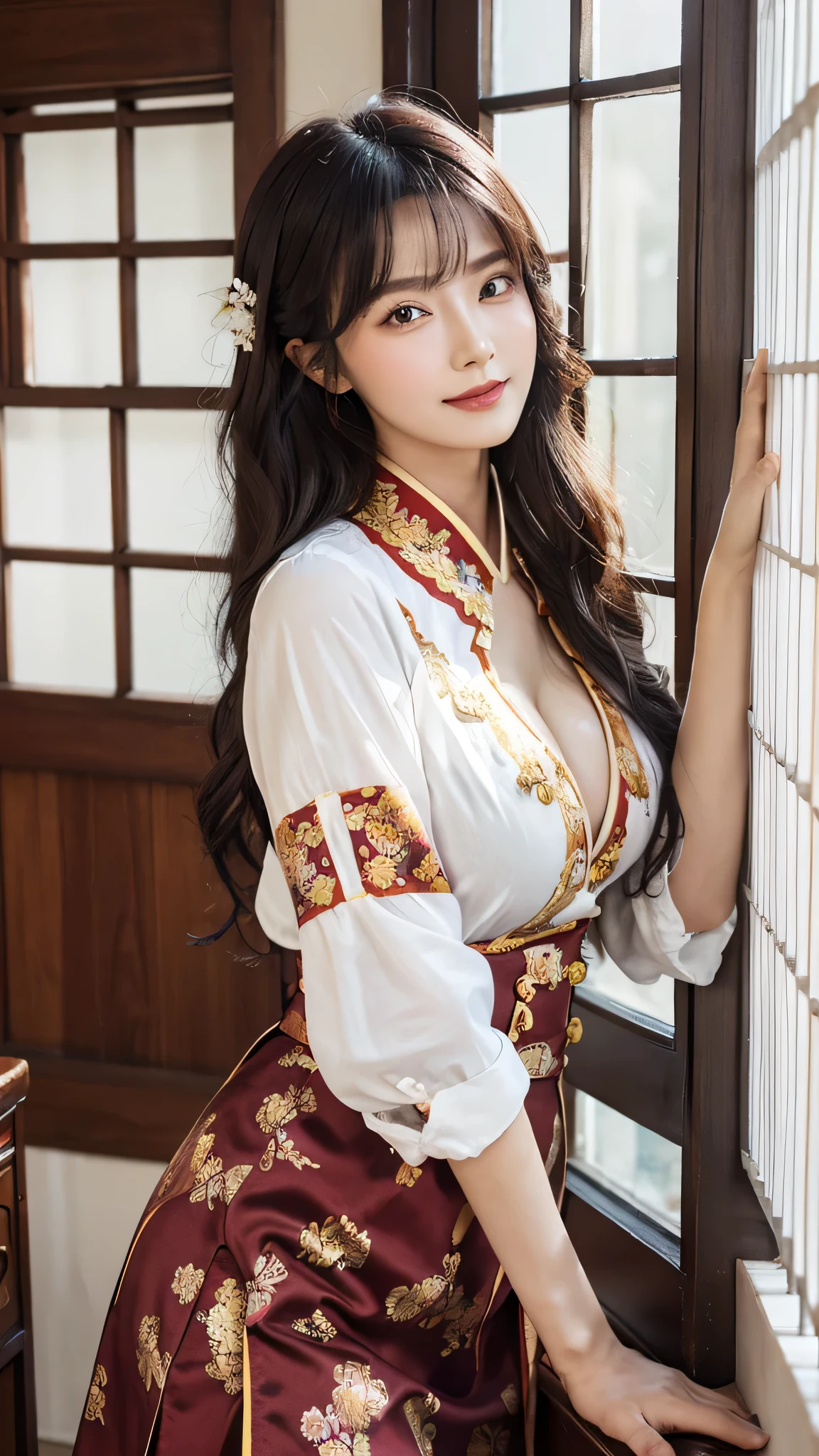 ((You are a beautiful woman.)), Fei Yu_robes, hips up, Scenery of ancient Chinese houses, Evening, red mouth, High nose, big breasts, red cloth, Gold Embroidery, black embroidered gold, blonde hair, high ponytail, depth of field, สาวสวยกับdetailsที่สวยงาม, European face, ดวงตาและใบหน้าที่Very detailed,robesdetailsมาก, The resolution is incredibly ridiculous., hugeFilesize, ไฮเปอร์details, High resolution, Very detailed, best quality, Masterpiece, The resolution is incredibly ridiculous., illustration, มีdetailsและสวยงามเป็นพิเศษ,official art, Very detailed, CG, unity, 8k wallpaper, Surprisingly, details, Masterpiece, Highest quality, วอลล์เปเปอร์ CG unity 8k ที่มีdetailsมาก(Perfect shiny skin:0.6)Best shots)), ((Masterpiece)), (details),