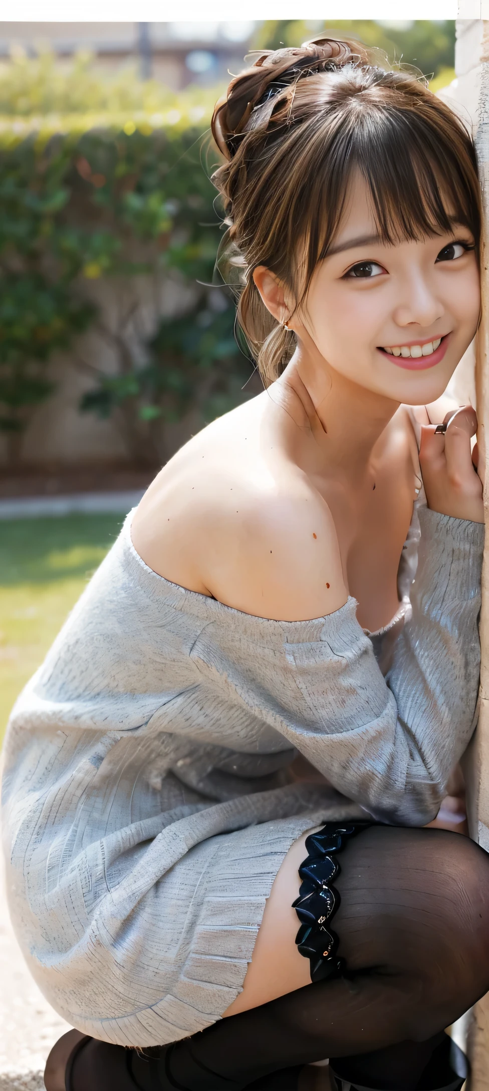 high quality, detailed,She is a Japanese girl,She is sweating a lot,She has a mole under her eye,Small breasts,(She is wearing a long-sleeved, oversized grey T-shirt dress.,offshoulder,Very very wet clothes,),Blunt bangs,((Hair Bun)),huge smileベッドの上,((Wear over-the-knee socks)),thin,Face Up,