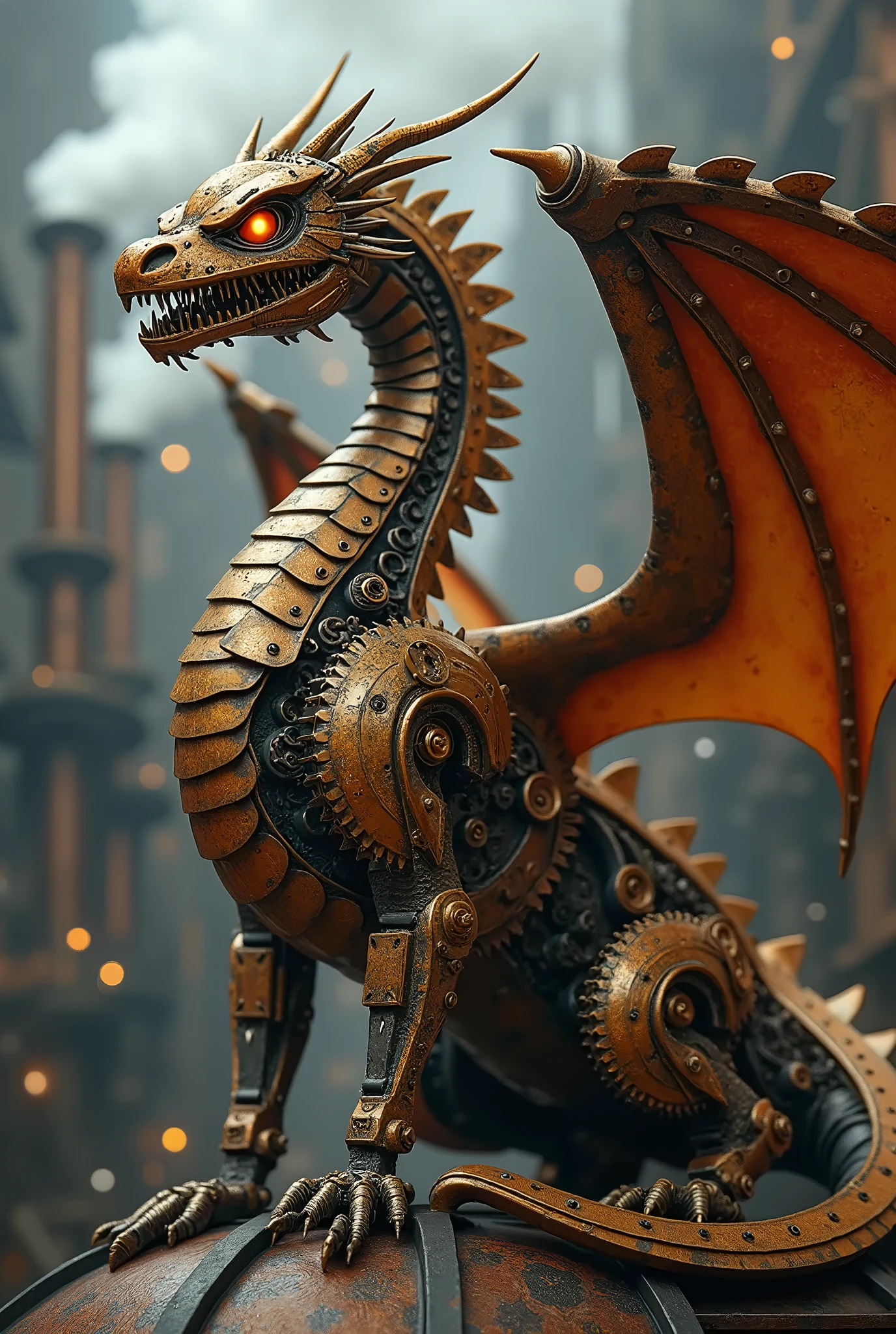 a steampunk samurai in steam-powered armor fighting a mechanical dragon, industrial landscape, gears, machinery, best quality, 8k, hyperdetailed, highly detailed, intricate, cinematic, dramatic lighting, moody colors, vibrant colors, golden hour, volumetric lighting, cinematic composition, epic, masterpiece