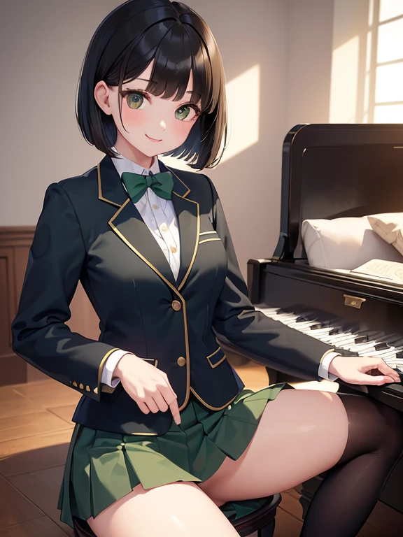 (masterpiece:1.2),Best Quality,shape,Beautiful detailed girl， The girls (Blazer uniform，skirt:1.3)  (Wearing a deep green Super Cub:1.2)，Straddle， (smile:1.0),,(Beautiful brown eyes、Shining Eyes、Very beautiful eyes),(Shiny black hair:1.0),(Bobcut:1.2),(Parted bangs:1.3),,Cowboy Shot，Girl&#39;s Temptation，