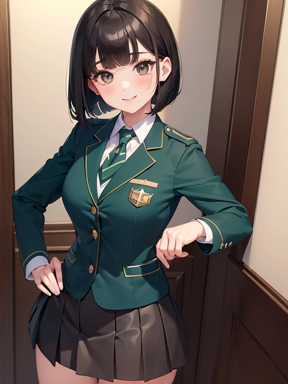 (masterpiece:1.2),Best Quality,shape,Beautiful detailed young ， The girls (Blazer uniform，skirt:1.3)  (Wearing a deep green Super Cub:1.2)，Straddle， (smile:1.0),,(Beautiful brown eyes、Shining Eyes、Very beautiful eyes),(Shiny black hair:1.0),(Bobcut:1.2),(Parted bangs:1.3),,Cowboy Shot，Girl&#39;s Temptation，