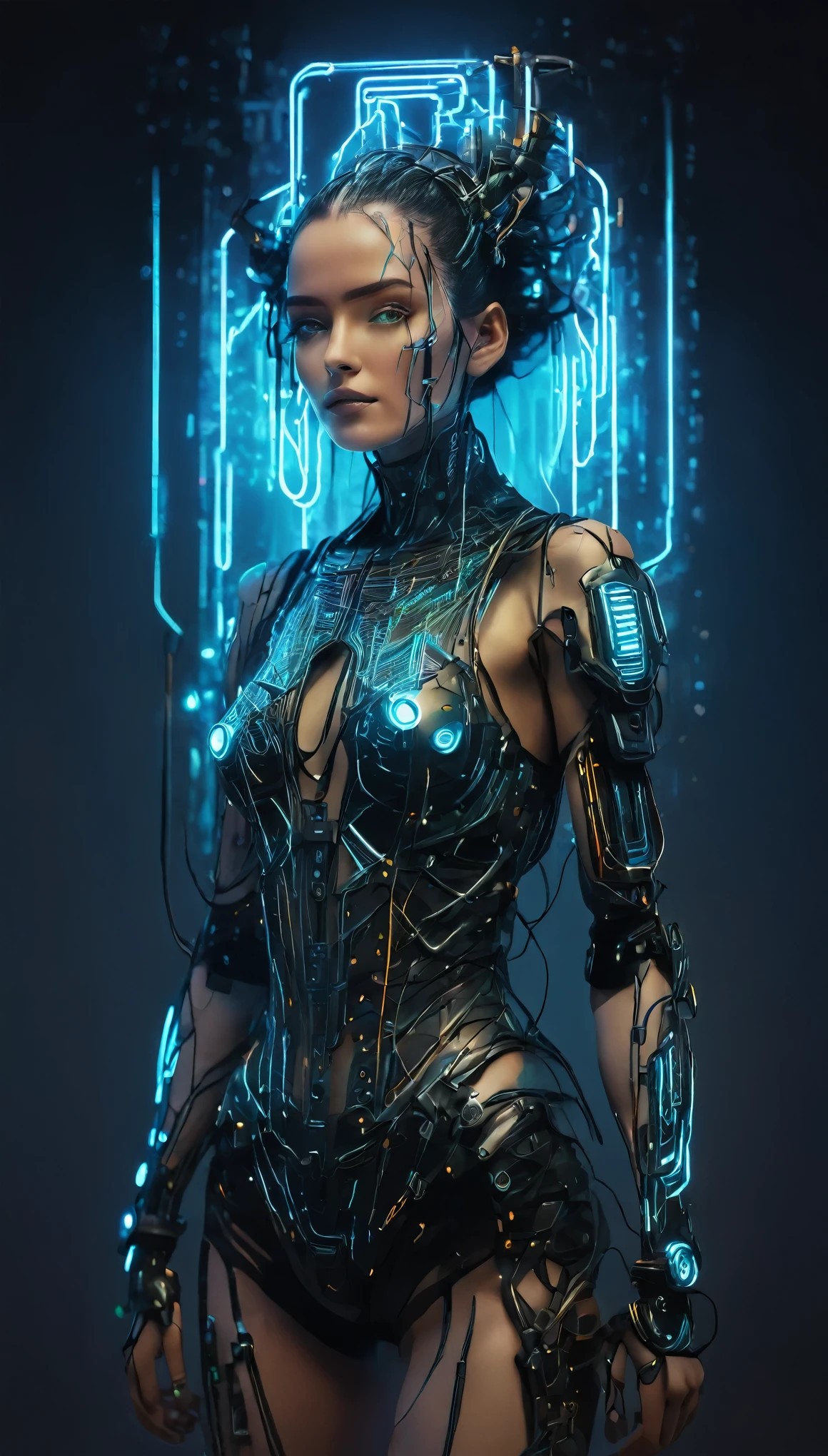 dibujo surrealista:1.5, detailed highly realistic robot woman, beautiful intricate cybernetic woman with circuits and terminals all over body, futuristic neon lights, LED lights, hyper detailed, 8k, best quality, photorealistic, masterpiece, cinematic lighting, volumetric fog, glowing cybernetic enhancements, advanced technology, futuristic dystopian, moody dramatic lighting, neon city backdrop, glowing interfaces, hyper detailed circuits, dynamic camera angle