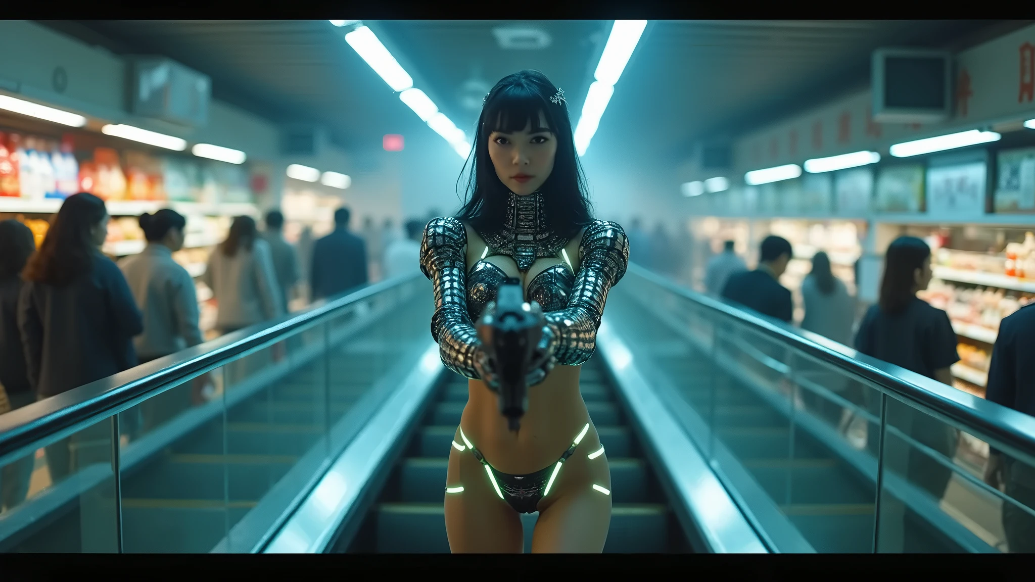 a woman (Jennifer Lopez) in front of two guradas, a cgsociety contest winner Luis Paret y Alcazar hologram, retrofuturism, reimagined by industrial light and magic, anamorphic lens flare, behance hd