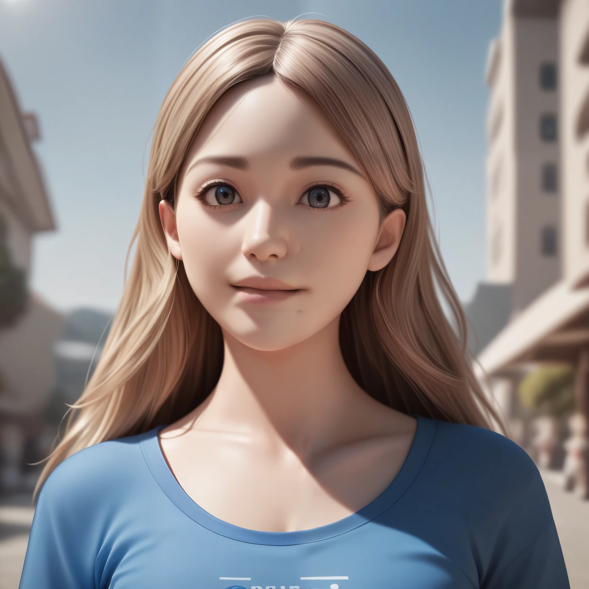 Anime girl with long hair and a blue shirt posing for a photo, Realistic Anime 3D Style, 3D Anime Real, Photorealistic Animation, Photorealistic Animation girl render, Smooth anime CG art, Anime Styled 3d, Realistic anime art style, Anime realistic style, Anime Style. 8k, Realistic young anime girl, Cute 3D anime girl render