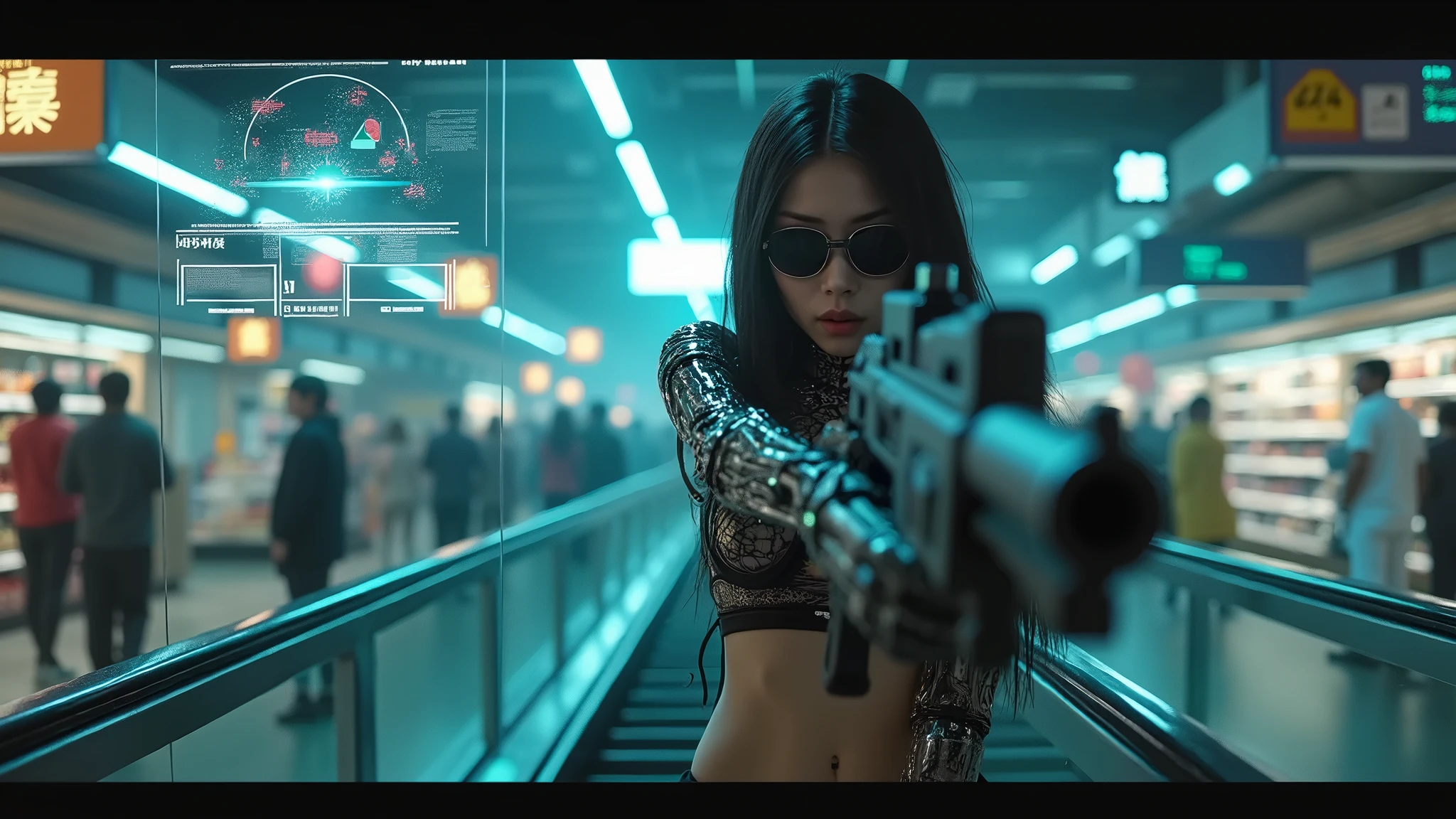A futuristic sci-fi virtual battle field of war game, shooting range with moving targets, flying vehicle, neon waterfalls. High-resolution OLED GUI interfaces in the building, The windows are filled with transparent data visualization infographics that show it all, from weather patterns to traffic flow, Matrix cascading code. Colors are saturated and vibrant. At night, (1girl, solo), photo realistic, medium-breast:1.3 slim body, cleavage, sling top, miniskirt, (mini VR sunglasses, holding a short gun), half-body thigh level medium shot, cinematic lighting, ray tracing.