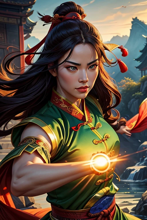 A martial arts master Qin Chen, main character of Wuxia manhua, extremely detailed face, beautiful eyes and lips, ornate traditional Chinese clothing, dynamic martial arts pose, cinematic lighting, vibrant colors, epic fantasy landscape, meticulously detailed, masterfully painted, photorealistic