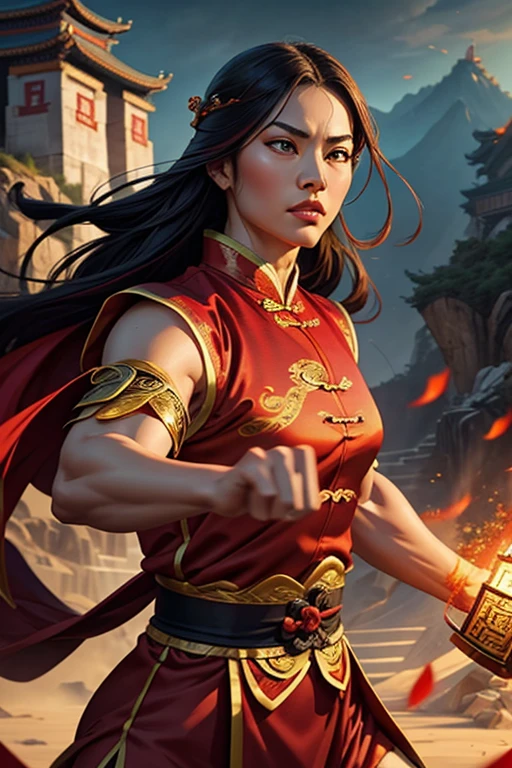 A martial arts master Qin Chen, main character of Wuxia manhua, extremely detailed face, beautiful eyes and lips, ornate traditional Chinese clothing, dynamic martial arts pose, cinematic lighting, vibrant colors, epic fantasy landscape, meticulously detailed, masterfully painted, photorealistic