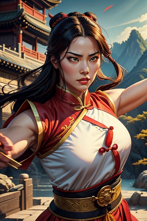 A martial arts master Qin Chen, main character of Wuxia manhua, extremely detailed face, beautiful eyes and lips, ornate traditional Chinese clothing, dynamic martial arts pose, cinematic lighting, vibrant colors, epic fantasy landscape, meticulously detailed, masterfully painted, photorealistic