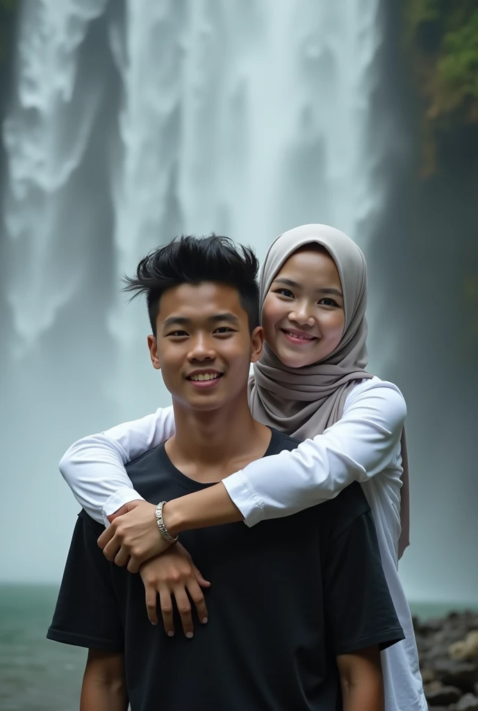 A handsome, dashing Indonesian man aged 30 years and a beautiful indonesian girl 26 year old. A both of them looking at the camera while smiling faintly. the man wore a gray t-shirt and jeans shorts. women wear white t-shirts soft blue jacket and long jeans, with long flowing hijabs with motif. with a backdrop of rocks, small grass, and beautiful waterfall splashes. realistic focus 5D 8K