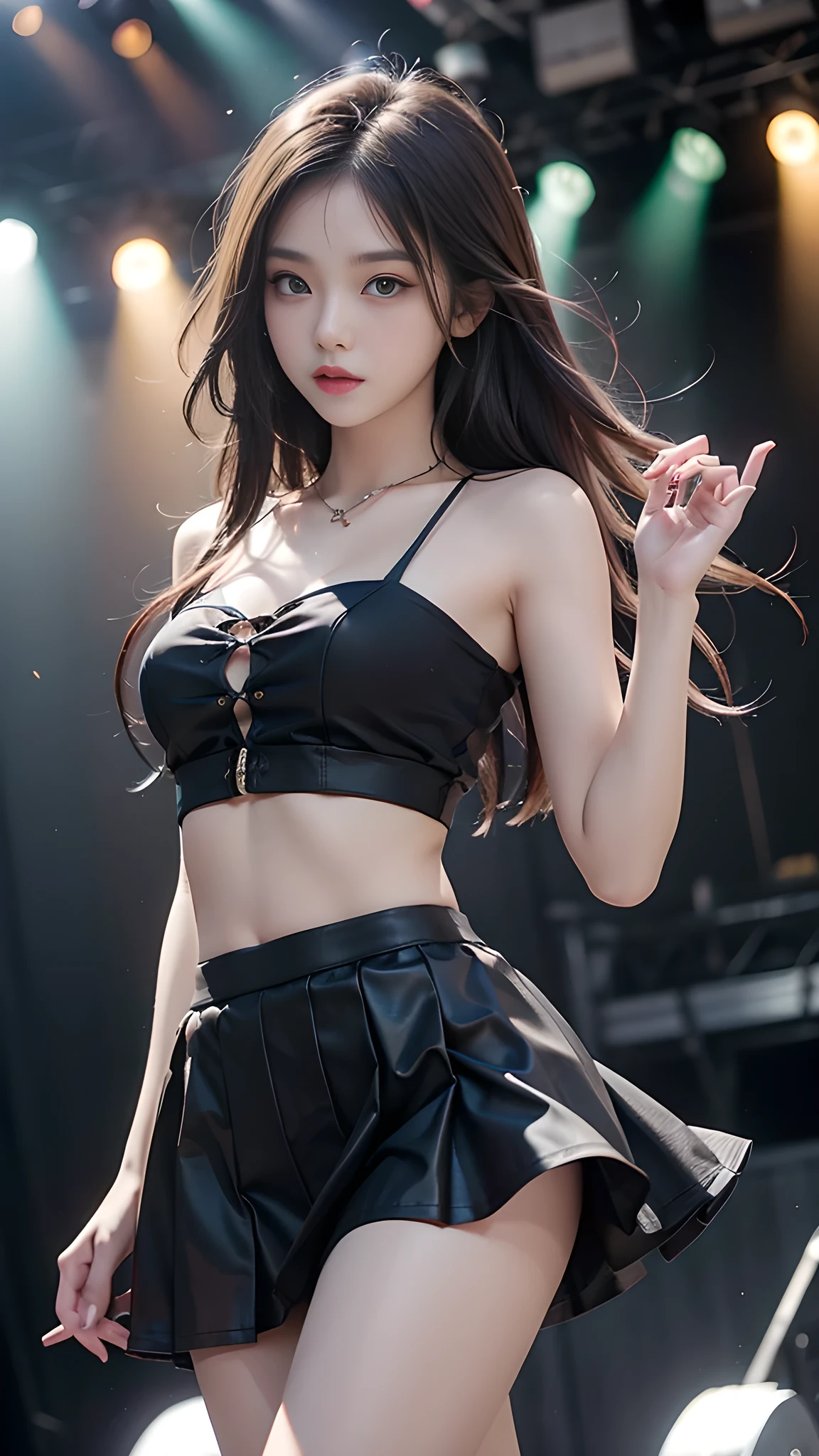 ulzzang-6500-v1.1, (RAW photo: 1.2), (Real photo), (Real photo: 1.4), 1 girl、Perfect anatomy、1、Looking at the camera、Medium length hair、dance skirt, ((performing on stage: 1.1))、(Business service)、Asian eyes Ella,