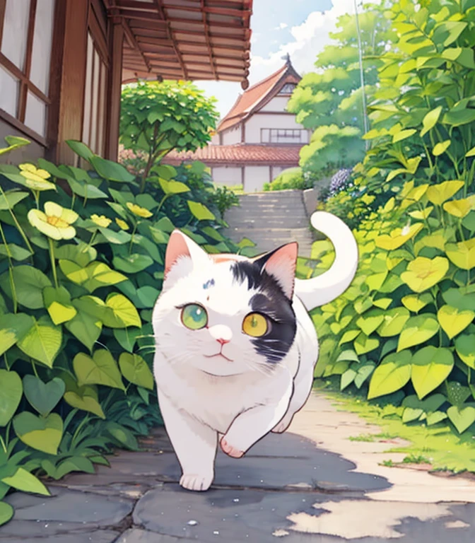 (masterpiece),(Best Quality),(Very detailed),(High resolution),((Line art)),((watercolor)),16k,wallpaper,三毛猫のVery detailedな絵、Insane Details、Very detailed猫、My house where a calico cat roams、Calico Munchkin cat running on the promenade、Old townscape of Japan、A path lined with plants、tree々Sunshine pours in、Another World、The creation of silence、Long Shot、The target is small、