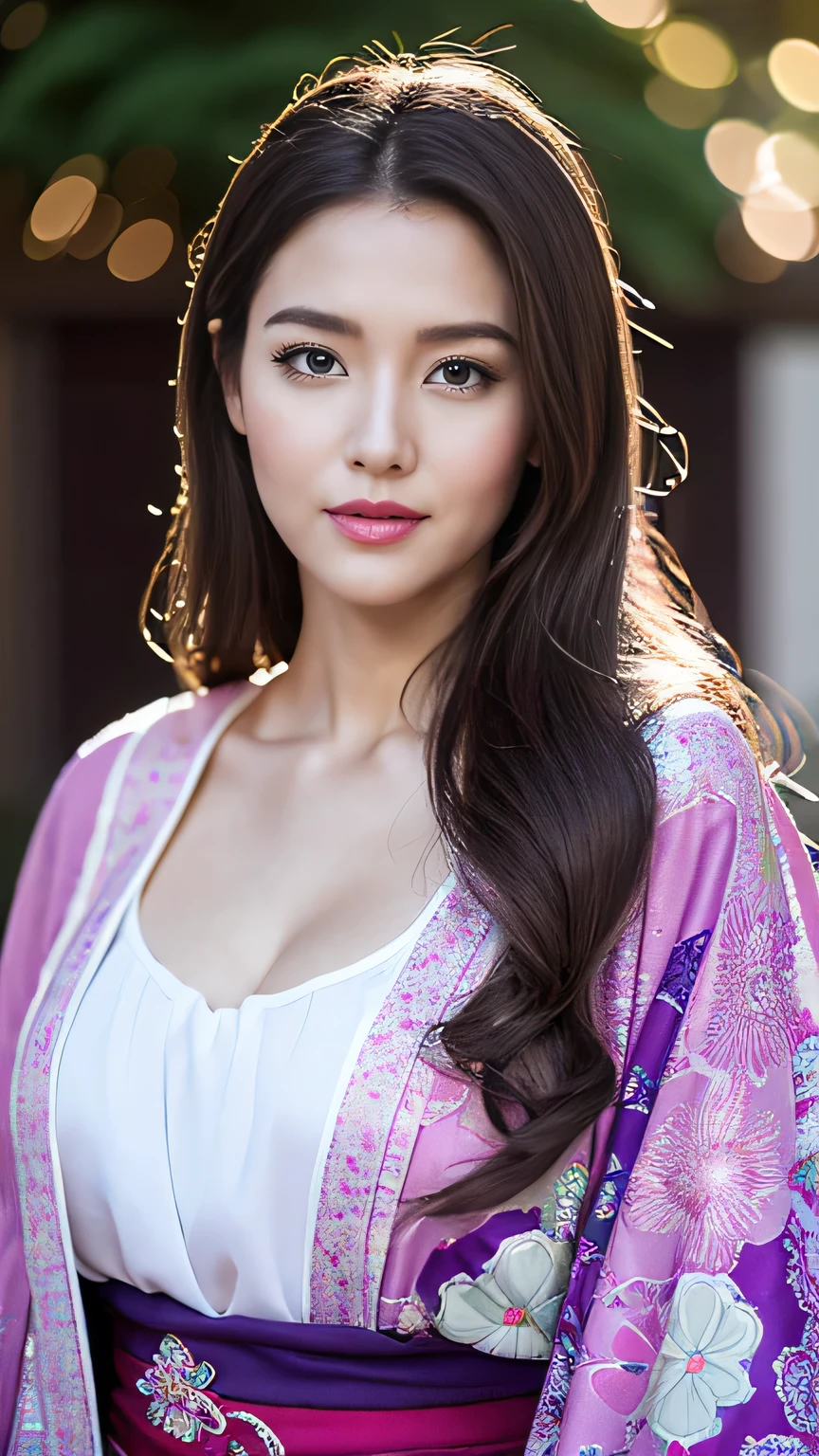 Realistic, Highest quality, 8k, woman, 20-year-old, Sakura pattern kimono, Large Bust, Long Hair, Ultra-detailed skin textures, Soft Lighting, Fairy, Bokeh, purple Lipstick, Sensual Lipstick, Sensational Make up 