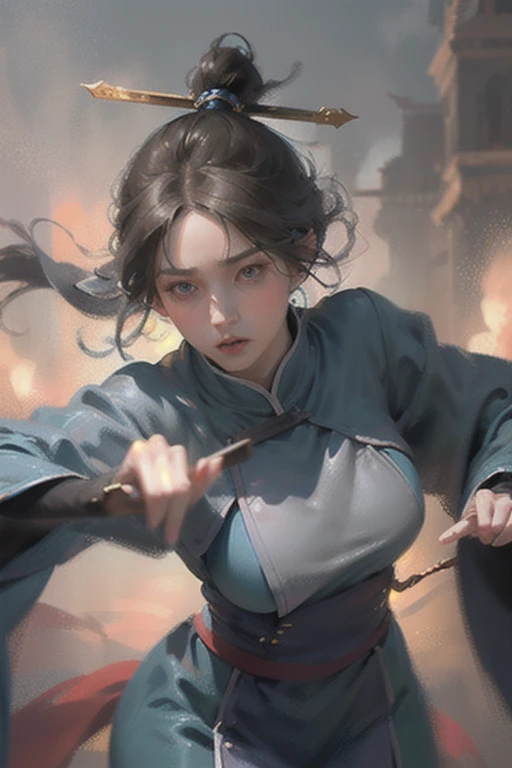 stunning beautiful girl, navy blue long hime-cut hair reaching waist, gray hyuga clan eyes, clear shy gentle complexion, round face, gray wuxia battle uniform, large bust, wide hips, direct gaze, (best quality,4k,8k,highres,masterpiece:1.2),ultra-detailed,(realistic,photorealistic,photo-realistic:1.37),HDR,UHD,studio lighting,ultra-fine painting,sharp focus,physically-based rendering,extreme detail description,professional,vivid colors,bokeh,portrait