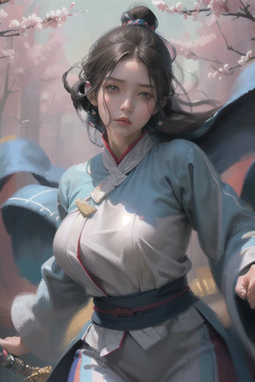 stunning beautiful girl, navy blue long hime-cut hair reaching waist, gray hyuga clan eyes, clear shy gentle complexion, round face, gray wuxia battle uniform, large bust, wide hips, direct gaze, (best quality,4k,8k,highres,masterpiece:1.2),ultra-detailed,(realistic,photorealistic,photo-realistic:1.37),HDR,UHD,studio lighting,ultra-fine painting,sharp focus,physically-based rendering,extreme detail description,professional,vivid colors,bokeh,portrait