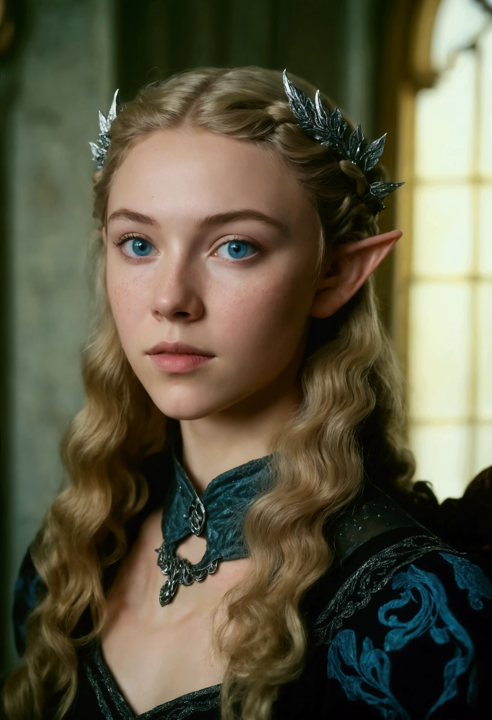 1920s analog film photograph, colorized photo of an elven maiden, 18-years-old, amazonian stature, thick-fit hourglass figure, busty bosom, toned, athletic, wearing a sleeveless dress, warm almond complexion, pointy elf ears, platinum blonde hair, wild voluminous curls, resembles Margaery Tyrell, standing in a manor drawing room, RAW Photograph, dslr, soft lighting, high quality, film grain, Fujifilm XT3, detailed skin with visible pores, insane details, masterpiece, 8k, 35mm photograph, faded film, desaturated, grainy, vintage, Lomography, stained, highly detailed, found footage, long elven ears