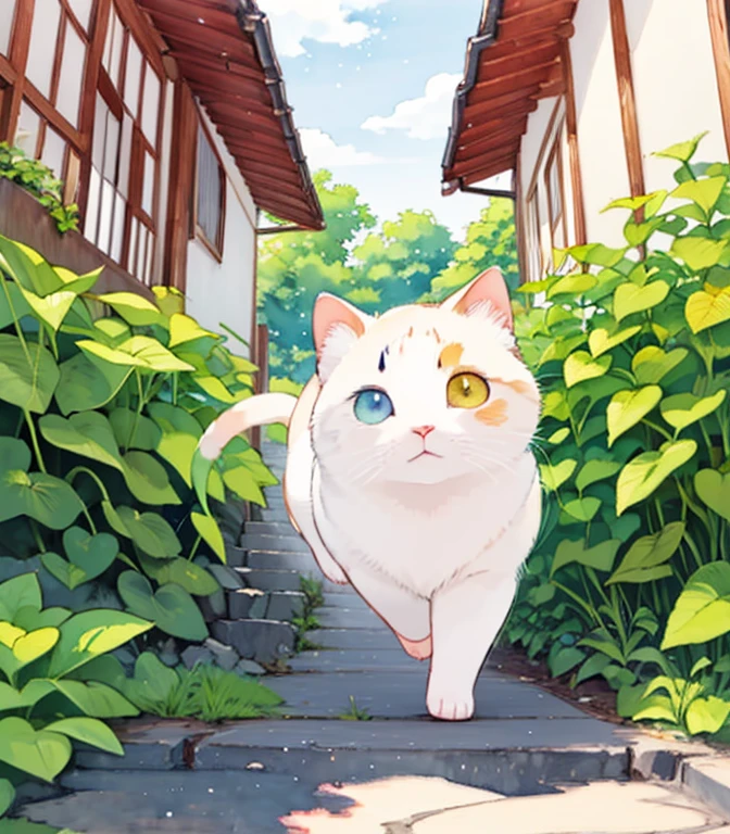 (masterpiece),(Best Quality),(Very detailed),(High resolution),((Line art)),((watercolor)),16k,wallpaper,三毛猫のVery detailedな絵、Insane Details、Very detailed猫、My house where a calico cat roams、Calico Munchkin cat running on the promenade、Old townscape of Japan、A path lined with plants、tree々Sunshine pours in、Another World、The creation of silence、Long Shot、The target is small、