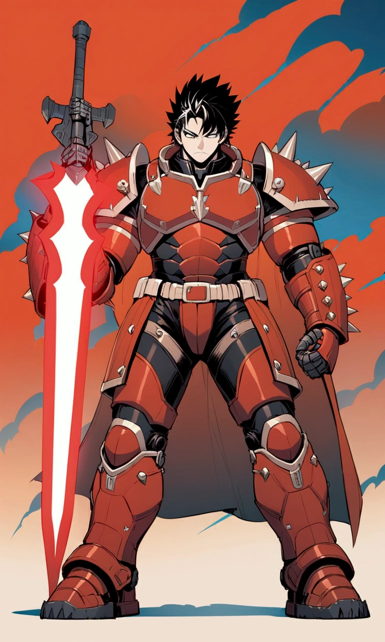 ((illustration)), (best quality)), ((masterpiece)), (detailed), blurry background, full body, solo, male focus, front view: 1.5, power armor, cape, masculine, male, Ragna, black hair, spikey hair, facing front, character focus, close up shot, scar, Warhammer, power-sword, lightning aura, glowing eyes, shoulder cannon, spikey armor, knight, kingdom background, astartes, monochrome, wallpaper, side bangs, Hulkbuster1024