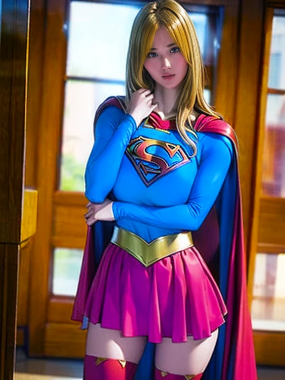 (Best Quality, Masterpieces are not organized)),One girl:1.3, Alone:1.3,Beautiful woman,青い表現的な目Beautiful woman,Long blonde hair, 21 years, Alone, One girl,Hourglass-shaped body,Huge breasts, Defined Body, Superman Cosplay Wear((Supergirl Cosplay Bodysuit, skirt (Waist to mid-thigh)supergirl, Supergirl Short Red Cape)), Bright colors