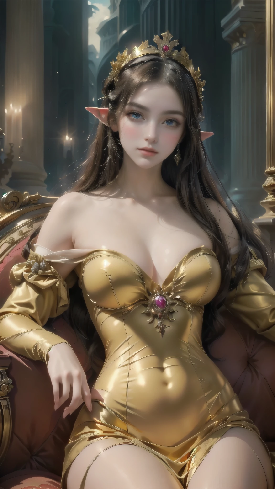 araffed woman in a golden dress sitting on a sofa, a beautiful fantasy empress, ((a beautiful fantasy empress)), extremely detailed image of a goddess, extremely detailed germ of art, Karol behind uhd, elegant golden body, germ of art. anime illustration, wlop and germ of art, beautiful and elegant elf queen, beautiful goddess, like germ of art, PERSEPHONE