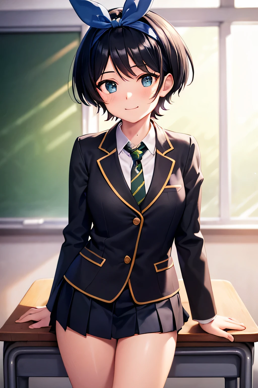 masterpiece, best quality, ultra-detailed,(((16years old))), blue eyes, black hair, short hair, blue hair ribbon, blue headband, black hair, pleated skirt, striped necktie, collared shirt, black jacket, black skirt, short hair, long sleeves, bangs, school uniform, black socks, looking at viewer, blush, slender, slim, very clear,((an extremely delicate and beautiful)), ((((illustration)))), (extremely detailed skin), ((ultra-detailed:1.35)), absurdres, intricate, (1girl), ((solo)), ((glistening skin)), (((oily skin))),(((cute face))),(dazzling sunlight:1.5)、(gamecg:1.5)、(classroom:1.5)、Smile