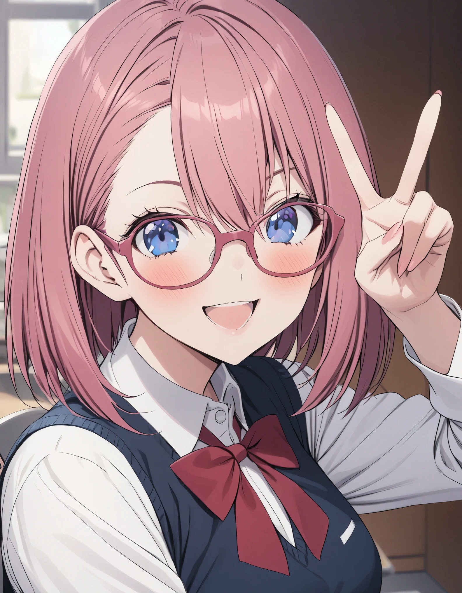 masterpiece, Ririsa Amano, short hair, pink hair, blue eyes, pink glasses, school uniform, Smile, make V sign with her hand