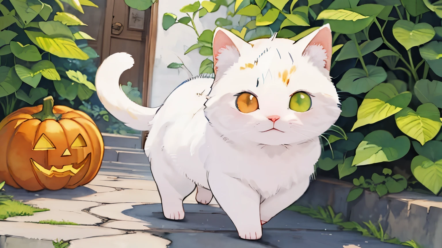 (masterpiece),(Best Quality),(Very detailed),(High resolution),((line art)),((watercolor)),16k,wallpaper,Very detailed drawing of a calico cat、Insane Details、Very detailed猫、My house where a calico cat roams、Calico cat Munchkin walking on the promenade、Old townscape of Japan、A path lined with plants、tree々Sunlight shining through、Another World、The creation of silence、Long Shot、The subject is small、A jack-o'-lantern , Halloween, Fall