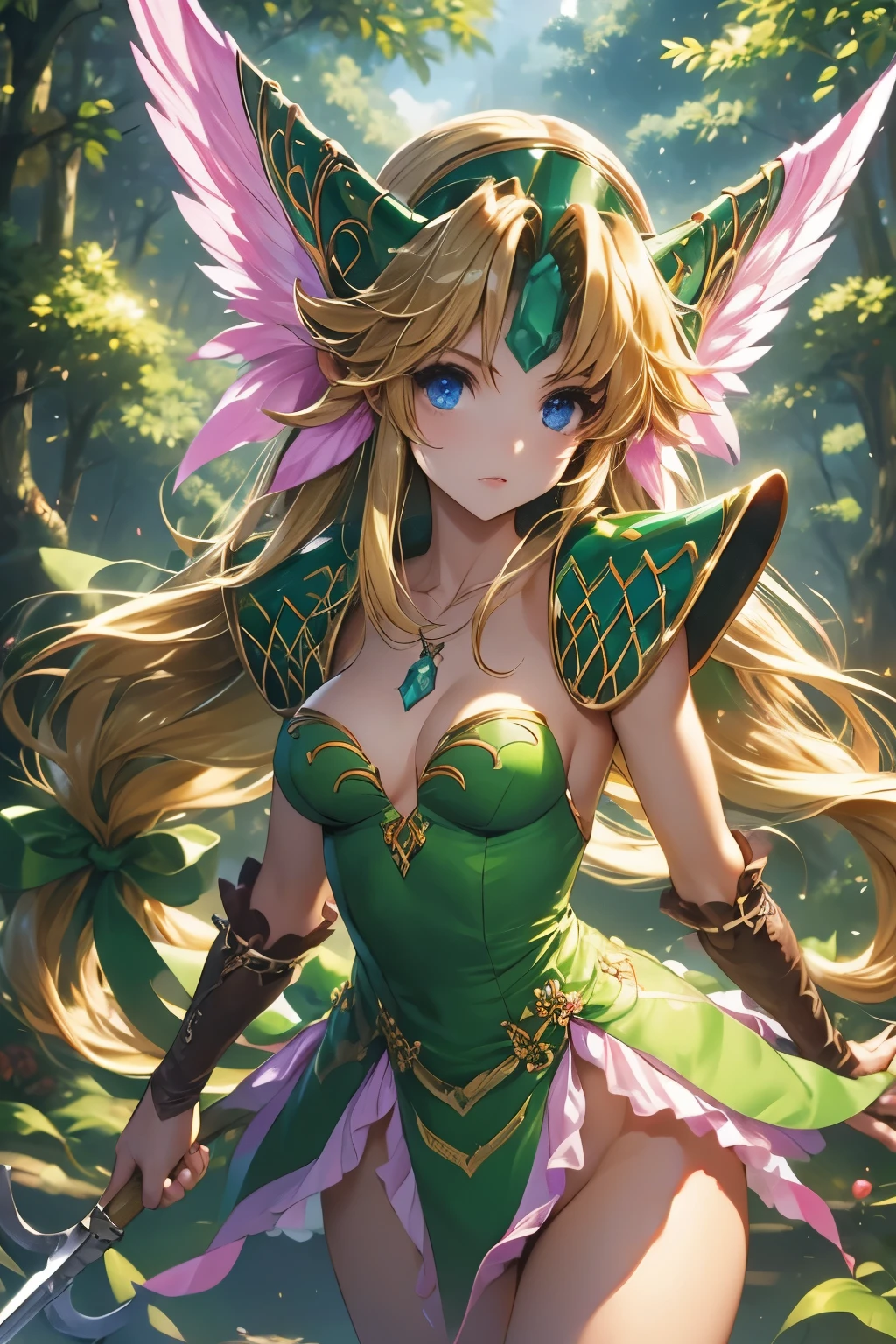 (((SFW、sound、Highest quality、first-clasasterpiece、Normal body、8k、Detailed face、Ultra-precision、Normal hand、Normal finger、5finger、Highest)))、Secret of Mana 3、lease、Amazoness、Blonde、Long Hair、Straight Hair、Hair ribbon、Green leotard、High leg leotard、Slit Skirt、Long Spear、Long Spearスラスト