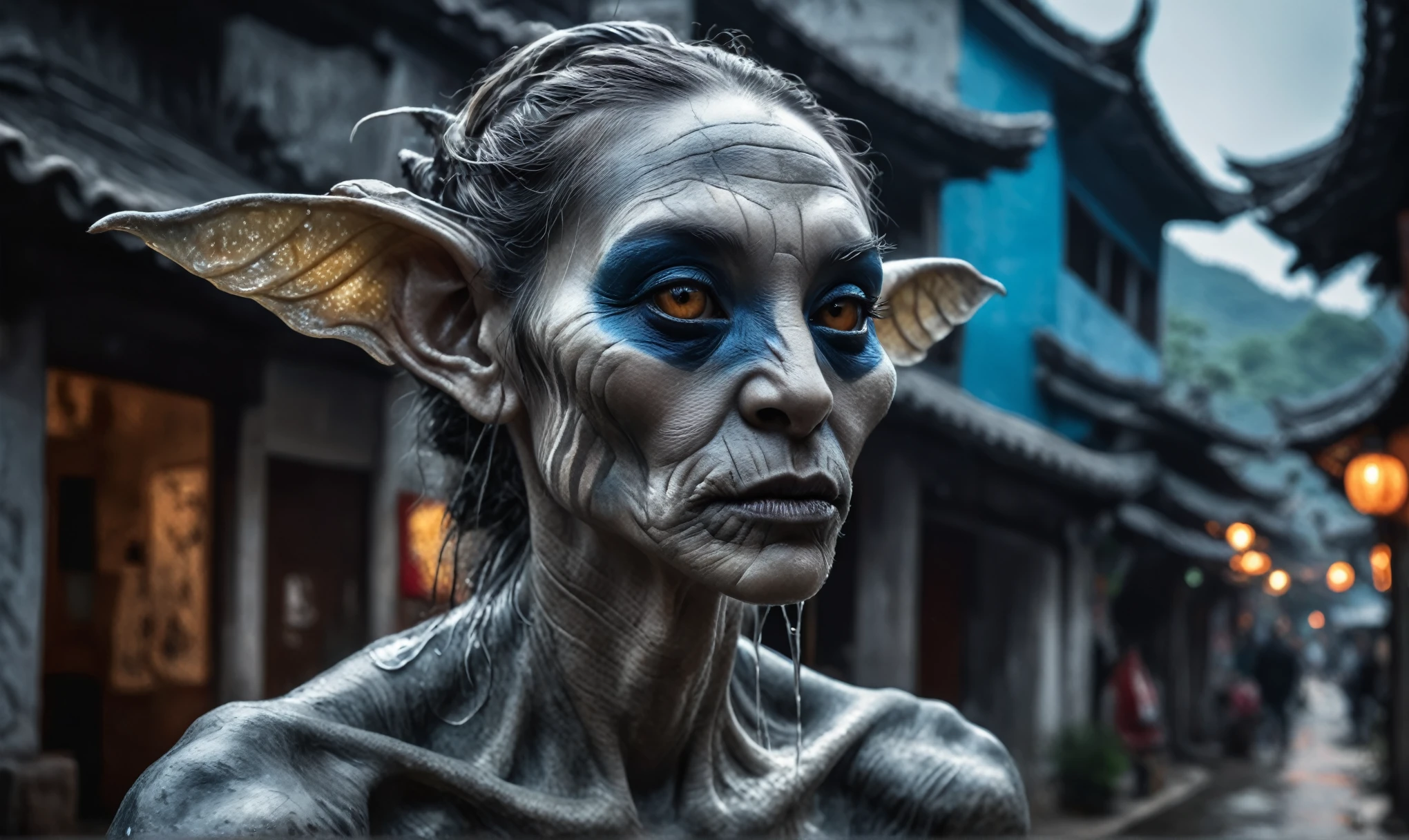 full body length shot,beggar graphite Manganite sparas, wants eat, Korean city of future,Cinematic,soft colors, Technicolor,natural skin textures, hyper realism, hyper detailed,Extremely detailed,High contrast,Masterpiece,Realistic,Ultra Detailed, intricate details,realistic humid leather,extremely intricate,Epic Realistic, cinematic style,irina yermolova,high contrast,hdr,extremely detailed, masterpiece,intricate details,faded,eyes extremely detailed, high detailed eyes,16k resolution,RAW,retina, Nikon Z9,China,Songbird orc,ink photo style, Pisces, perfect,transition between two world live styles, Ink painting to photorealism, Double contact, X-ray, Creative, vivid light, masterpiece, fantasy, Abstract, Surrealism, super detailed, high resolution, stop:35,(((creature with a spectral and ghostly appearance)). Her skin is pale, almost translucent.strange wears modern, torn clothes that float around him, as if permeated by an aura of eternity