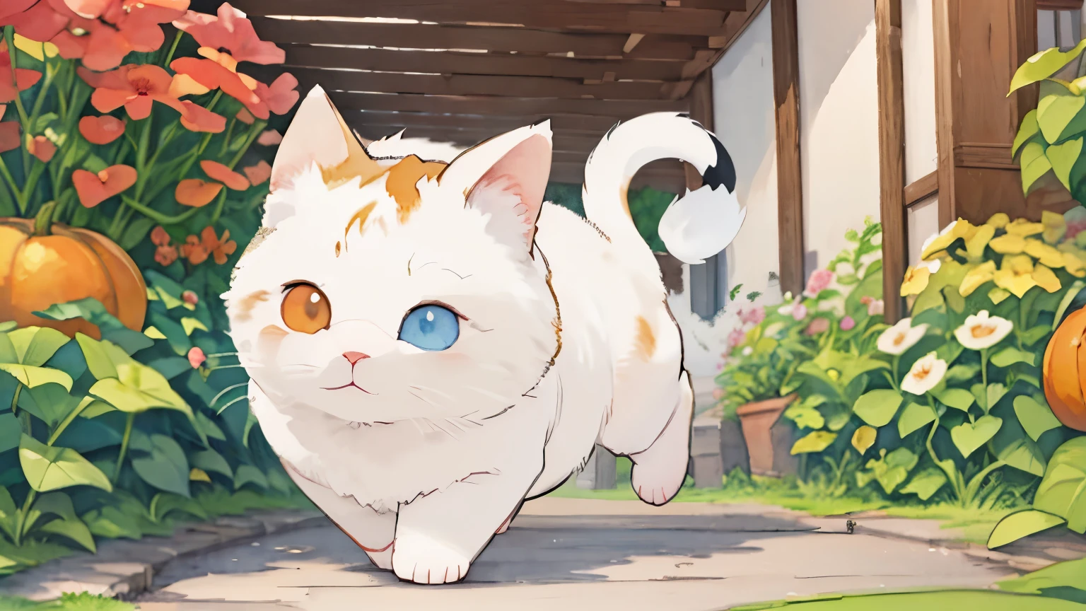 (masterpiece),(Best Quality),(Very detailed),(High resolution),((line art)),((watercolor)),16k,wallpaper,Very detailed drawing of a calico cat、Insane Details、Very detailed猫、My house where a calico cat roams、Calico cat Munchkin walking on the promenade、Old townscape of Japan、A path lined with plants、tree々Sunlight shining through、Another World、The creation of silence、Long Shot、The subject is small、A jack-o'-lantern , Halloween, Fall , Autumn